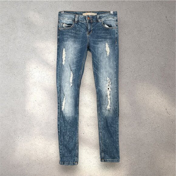 Zara Denim - ZARA Premium Wash Slim Jeans Womens 6 Blue Distressed Ripped Denim Grunge Y2K